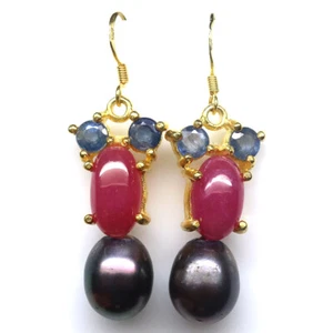 Gemstone 9 x 12 mm. Pink Ruby, Pearl & Sapphire Earrings 925 Silver 18K Gold - Picture 1 of 4