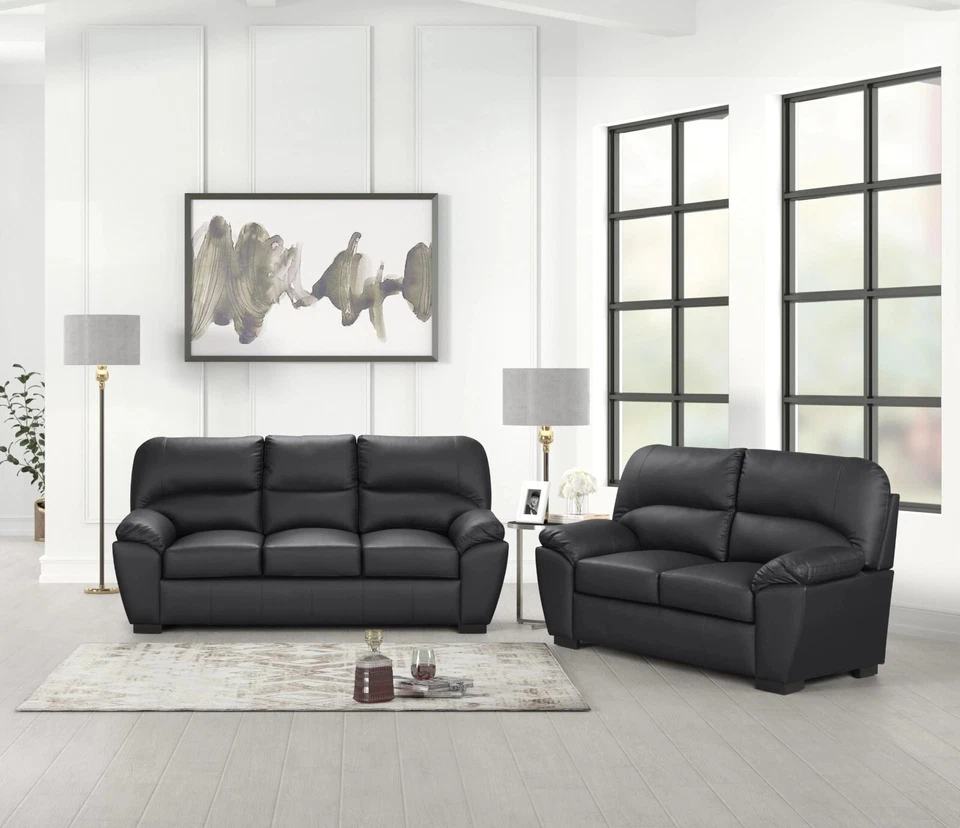 NEW Black 2PC Sofa Loveseat Leather Gel Contemporary Modern Living Room Set - Image 1 of 1