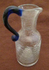 Vintage Crackle Glass Small Pitcher with Cobalt Blue Handle - Picture 1 of 6