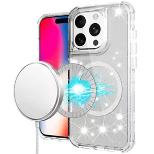 For iPhone 16 Pro 6.3in Case Magnetic Circle Glitter Shockproof + Tempered Glass - Picture 1 of 9