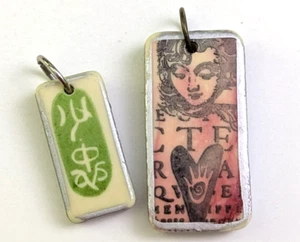 Vtg Domino Tile Necklace MAHJONG Tile Asian Pendant Green Silver Tone Love Lot - Picture 1 of 9