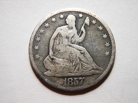 1857-P Seated Liberty Silver Half Dollar with F details,  Nice Lower Priced Coin Cover