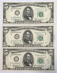 1950 D $5 UNC Federal Reserve Note GRANAHAN/DILLON United States 3 Banknotes(1) - Picture 1 of 2