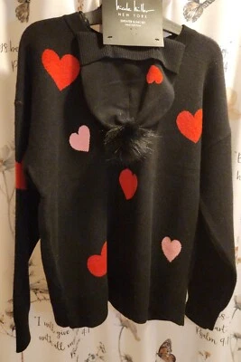 🆕️NICOLE MILLER 心形/情人节毛衣/帽子套装 带人造毛皮 Pom 黑色 SM/MED ❤ — 第 1/4 张图片