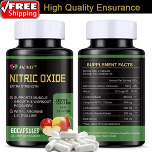 L Arginine 1920mg - 60 Capsules - Muscle Growth & Pump Nitric Oxide Pre-Workout - Picture 1 of 8