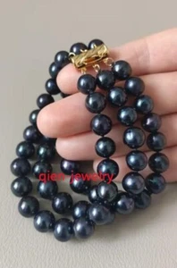 3 rows AAA+ 9-10MM Tahitian black round PEARL BRACELET 14K CLASP 7.5-8" - Picture 1 of 4