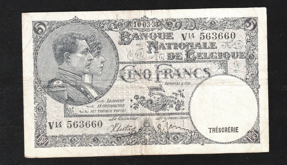 Belgium, 5 Francs, 1938, P-108, * King Albert & Queen Elizabeth * Banknote - Image 1 of 2