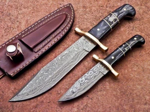 Lotto 2 pz coltello da caccia campeggio lama acciaio damascato fatto a mano coltello Bowie -284 - Foto 1 di 14