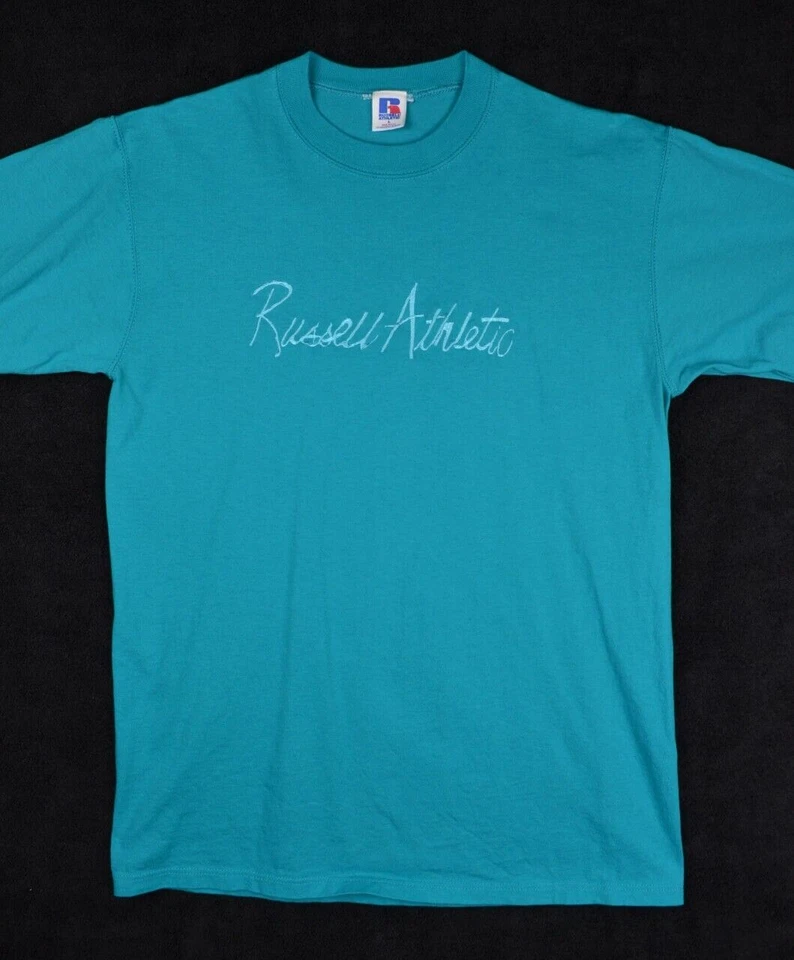Camisa masculina vintage anos 80 Russell Athletic Script grande 40" azul-petróleo - Imagem 1 de 4