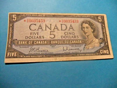 1954 Canada 5 Dollar Replacement Note *V/S 00354553 - VF25 - Low Serial Number - Image 1 of 2