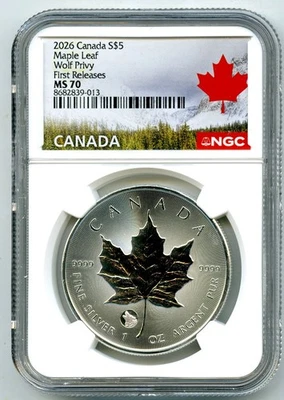 2026 $5 CANADA 1OZ SILVER NGC MS70 WOLF PRIVY PREMIUM MAPLE LEAF FIRST RELEASES - Image 1 of 2