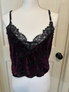 La Senza NWT Purple Floral Crushed Velvet With Black Lace Cropped Cami Tank Sz M - Picture 1 of 10
