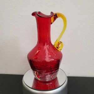 Vintage Crackle Glass Clear Ruby Red Pitcher 5” Ruffle Spout Blown Glass Vase - Picture 1 of 11