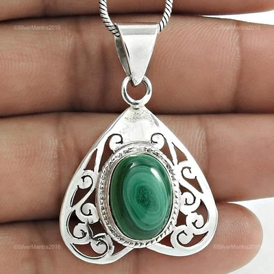 Pendente A Cuore In Malachite Naturale In Argento Sterling 925 Regalo Di Natale - Immagine 1 di 4