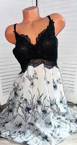 Cacique Nightgown Size 26/28 Baby Doll Black White Floral Sleepwear Chemise - Picture 1 of 4