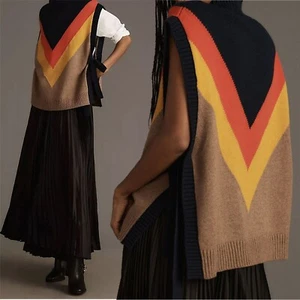 Maeve Anthro Varsity Stripe Poncho Sweater Vest M/L Preppy Retro Chevron Wool - Picture 1 of 12