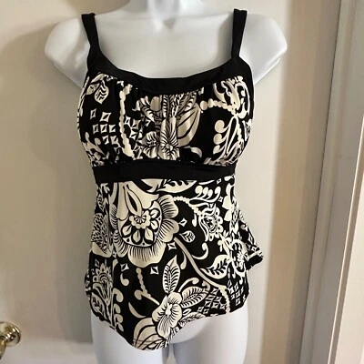 Caribbean Joe Tankini Top Molded Cups Floral Black White 12 - Image 1 of 4