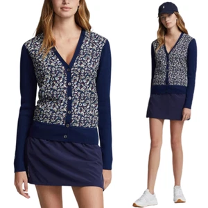 RLX Ralph Lauren Wool Floral Knit Cardigan Sweater Women's Small Navy Golf NWT - Picture 1 of 17