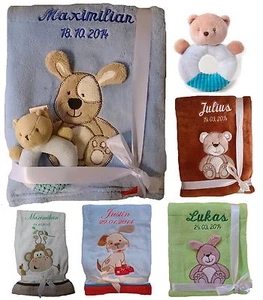 Baby blanket with name embroidered + toy rattle teddy gift birth baptism baby - Picture 1 of 31
