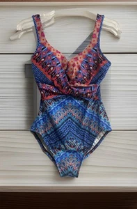 Miraclesuit Criss Cross Escape One Piece Swimsuit Multicolor Geometric Sz 12 - Picture 1 of 14