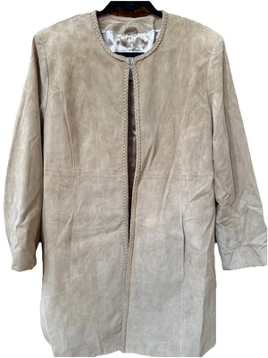 PAMELA MCCOY COLLECTIONS 拉链麂皮绒夹克长 BEIGE 大号 完好 — 第 1/4 张图片