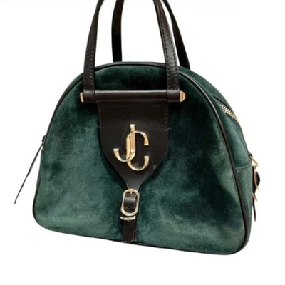 Auténtico bolso de boliche de gamuza JIMMY CHOO verde dorado JC usado Foto 1 de 4