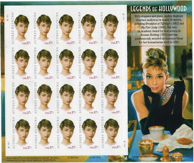 Scott #3786 Audrey Hepburn (Hollywood Legends) Sheet of 20 Stamps - MNH - Image 1 of 2