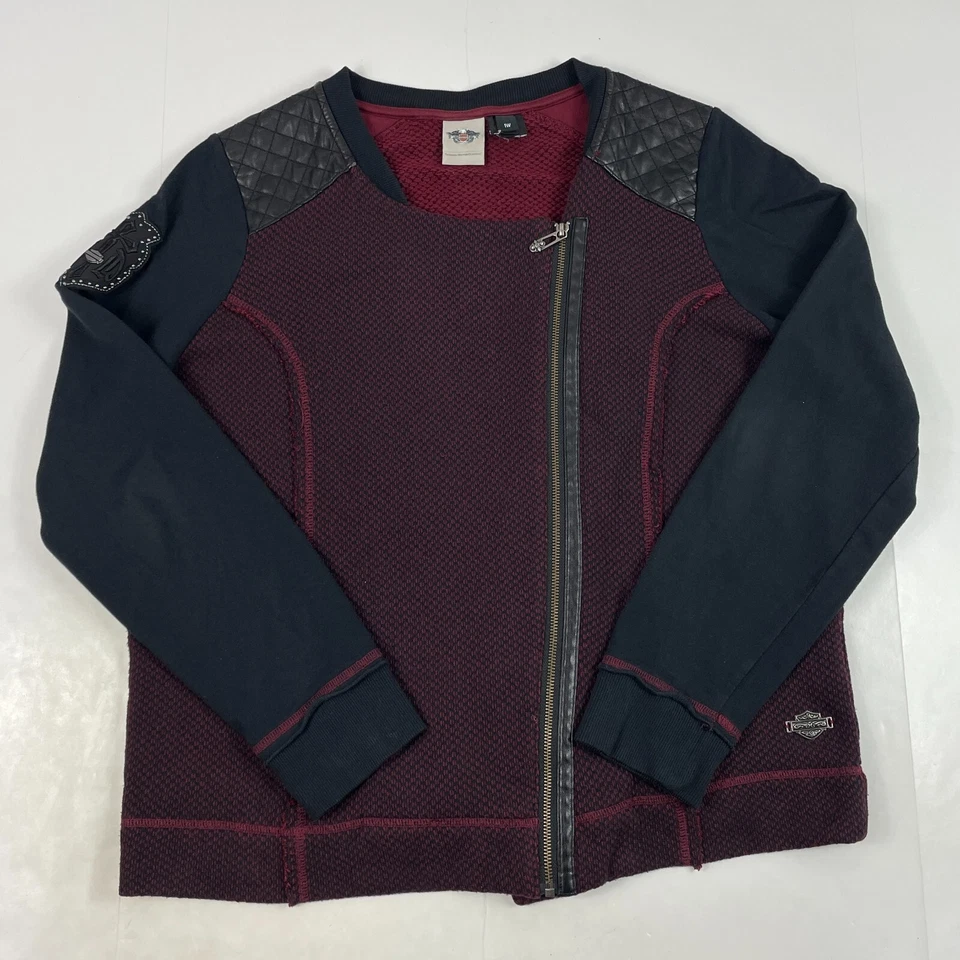 Suéter Harley Davidson para mujer 1W rojo negro cárdigan ribete de cuero cremallera lateral motociclista Foto 1 de 4
