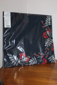 LINEN TABLECLOTH HOLIDAY BEADS EMBROIDERED BIRDS DARK BLUE MULTICLR 40"x40" - Picture 1 of 3