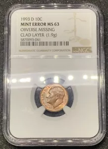 1993 D 10C MINT ERROR MS 63 OBVERSE MISSING CLAD LAYER (1.9g) - Picture 1 of 5
