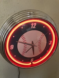 Vintage Red Neon Baseball Wall Hanging Corded Round Clock Sports Man Cave - Picture 1 of 6