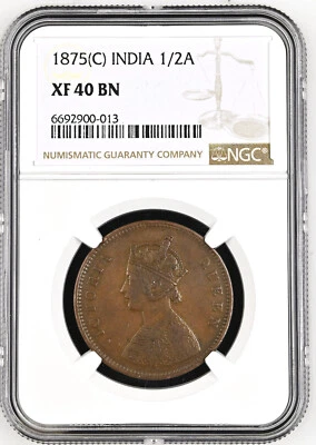 British India 1/2 (Half) Anna 1875 (C) NGC XF-40 BN Rare ! - Image 1 of 2