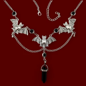 SILVERTONE VAMPIRE BAT BIB NECKLACE black beads chain choker gothic halloween R2 - Picture 1 of 7