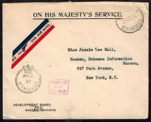 Bahamas 1944 OHMS Airmail Cover w/BOXED PASSED BY 2418 CENSOR RED & CROWN CIRCLE - Picture 1 of 2