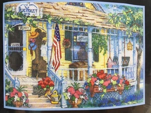 Vintage, Gallery Crewel, blau violett B&B, 7 x 5, Landhaus mit Blumen - Bild 1 von 4