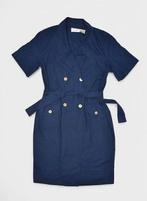 Liz Claiborne Dress Womens 10 Navy Silk Petite Sportdress Short Sleeve Belted - Image 1 of 4