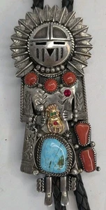 Vintage Nativi Americani Navajo Argento Sterling Turchese e Corallo Kachina Bolo... - Foto 1 di 14
