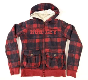 Vtg Y2K Hurley Red Plaid Sherpa Fleece Lined Zip Up Hoodie Youth M Grunge Skater - Picture 1 of 11