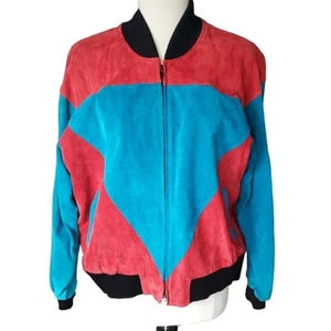 Bagatelle Suede Jacket Women's Size 10 Vintage 90s Color Block Red Turquoise - Picture 1 of 8