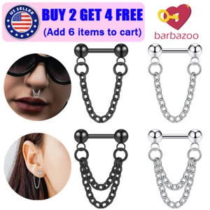 316L Steel Nose Ring Chain Push in Septum Rings Cartilage Earrings Piercing 16G - Picture 1 of 13
