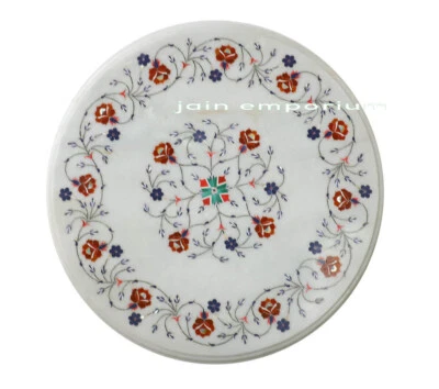 Mesa de centro redonda de mármol blanco de 12" con incrustación de múltiples piedras decoración de jardín 2 Foto 1 de 4