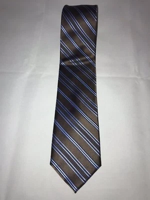 Gravata de pescoço masculina clássica 100% seda listrada marrom branca inglesa lavanderia - Imagem 1 de 4