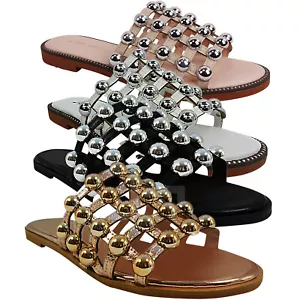LADIES WOMENS SLIP ON FLAT SLIP ONS SLIDERS MULES FLIP FLOPS SANDALS SHOES SIZE - Picture 1 of 4