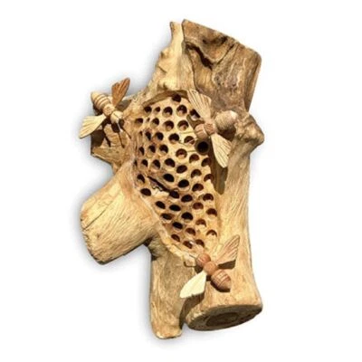 Beehive Wood Sculpture Bumble Bees Wall Ornament Hand Carved Bee Teak Root Decor - Image 1 of 3