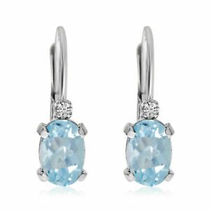 Natural Aquamarine and Diamonds 14k White Gold Plated Leverback Earrings z892