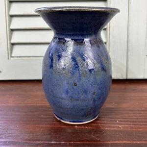Vintage Signed Handmade Textured Blue Glazed Clay Studio Pottery Vase 7” Tall - Picture 1 of 7