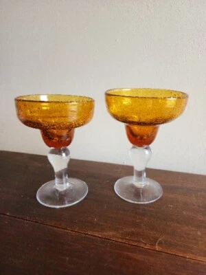 Set of 2 Hand Blown Artland Inc. Iris Amber Margarita Glasses Bubble Clear Stem - Image 1 of 4