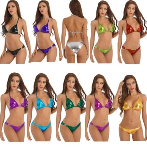 Damen Glänzende Bikini Set Sexy Zweiteilige Strandkleidung Neckholder BH & Slips - Picture 1 of 121