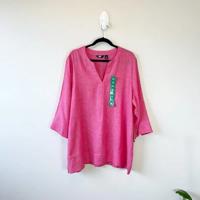 Land’s End Linen Blend Tunic Pink Split Neck Pockets Lagenlook Size XL NWT’s - Image 1 of 4