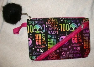 Girls Swimsuit Zipper Bag Case Black Rainbow Make-up Pencil Black Pom Keychain - Picture 1 of 3